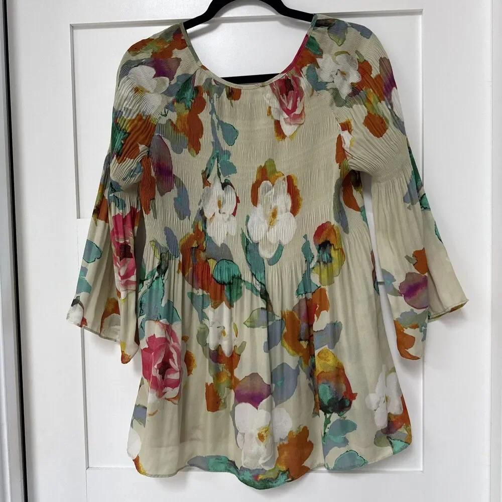 SPENSE Muted Floral Blouse - Blue Teal Pink - 3/4 Sleeves Ladies Med